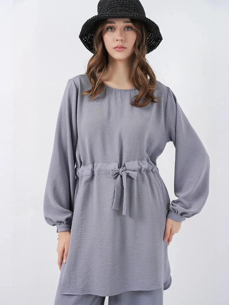 BIG DART BDART Crew Neck Tie Detail Tunic and Wide Leg Pants Set